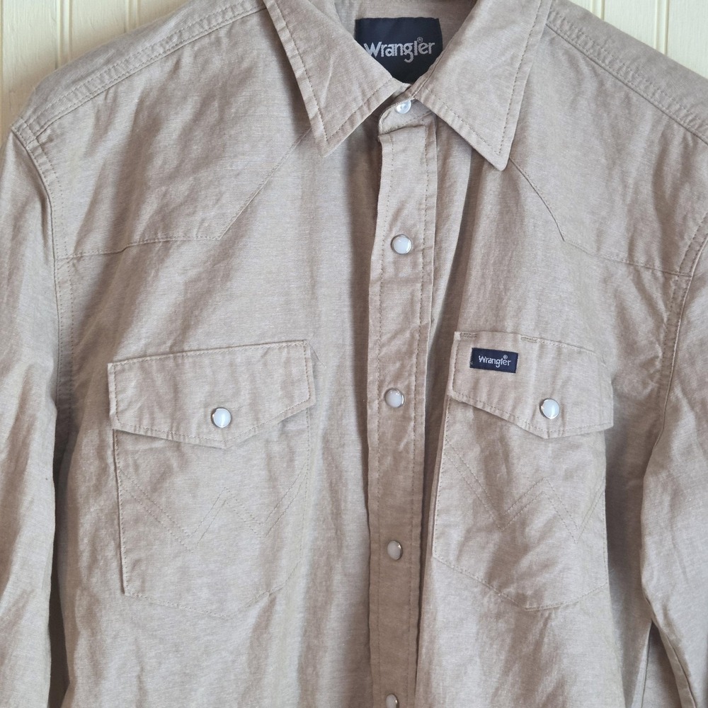Wrangler Shirt Mens Large Beige Solid Long Sleeve Western Snap Cotton Casual